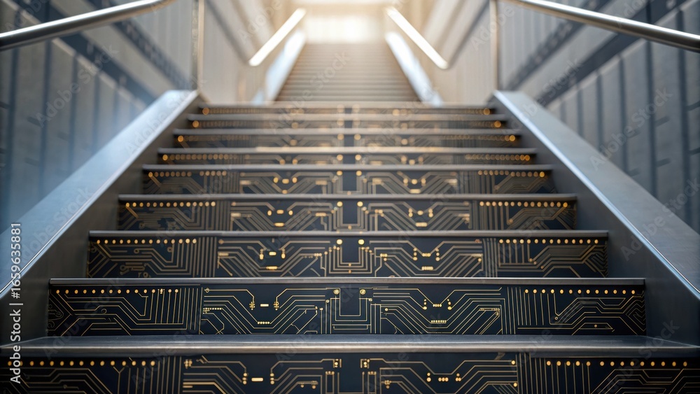 Aufkleber digital transformation strategy stylish staircase featuring a circuit board design, blending technol