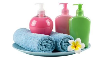 3d self care rituals icons three cosmetic bottles with rolled towels and flower isolated on transparent background