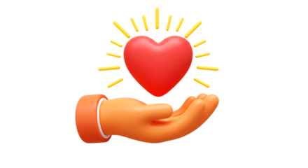 3d self care rituals icons 3d orange hand holding a red heart with light rays isolated on transparent background