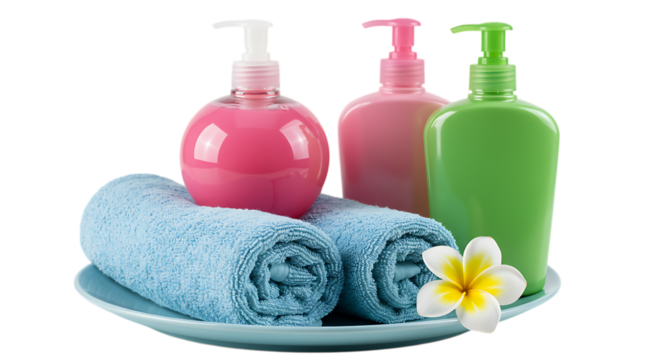 3d self care rituals icons three cosmetic bottles with rolled towels and flower isolated on transparent background