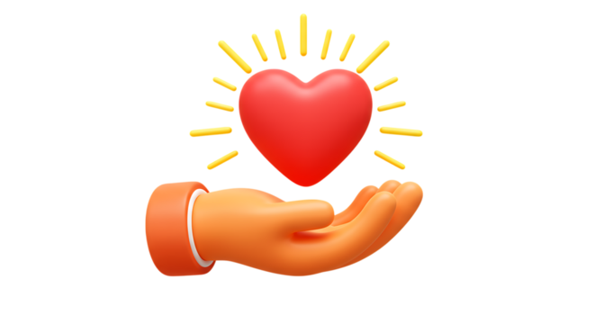 3d self care rituals icons 3d orange hand holding a red heart with light rays isolated on transparent background - Powered by Adobe