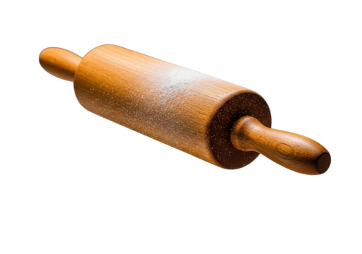 Warm, polished wooden rolling pin with rich grain, soft white flour dust clinging and subtle plume, isolated on transparent, precise shadow, studio macro shot. Culinary art concept