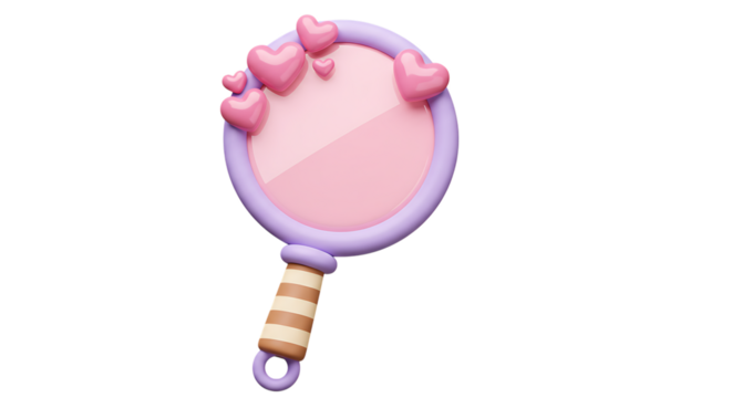 3d self care rituals icons pink and purple magnifying glass with hearts isolated on transparent background