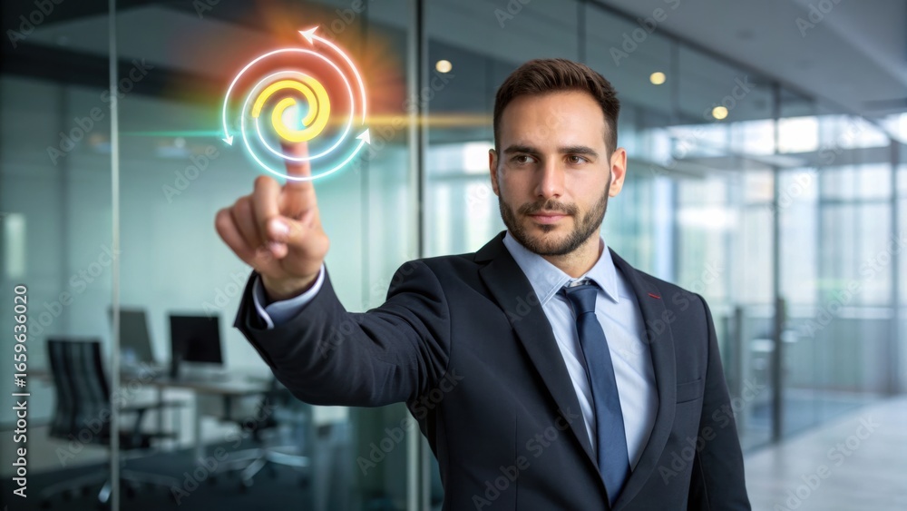 Poster digital transformation strategy businessman interacting with a virtual interface in a modern office 