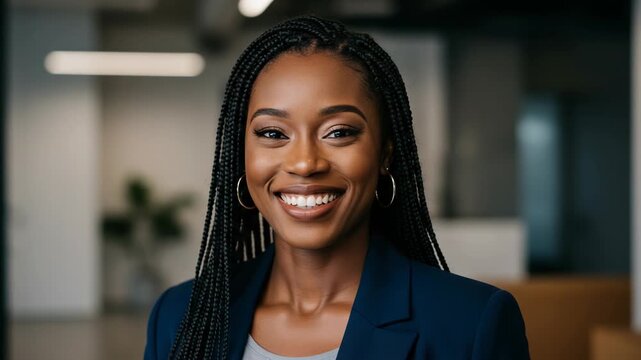 Confident african american woman with braids smiling in a professional office setting, representing diversity and success in the modern workplace