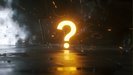 Illuminated Question Mark in a Futuristic, Smoky Environment