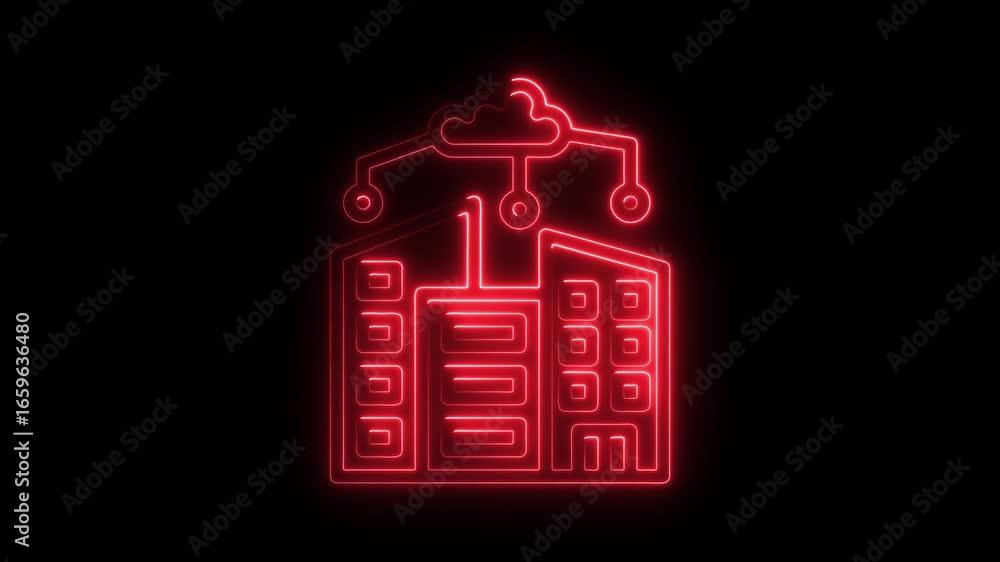 Poster red neon outline icon of buildings connected to a cloud on black background cloud computing data sto
