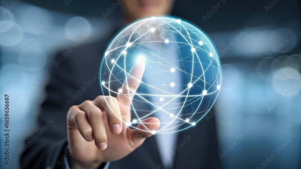 Poster digital transformation strategy a person touches a digital globe with interconnected lines, symboliz