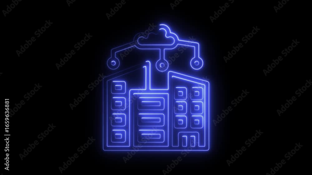 Poster blue neon outline icon of buildings connected to a cloud on black background cloud computing data st
