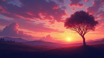 A solitary tree stands sentinel against a dramatic sunset sky, painted in vibrant hues of pink and orange.