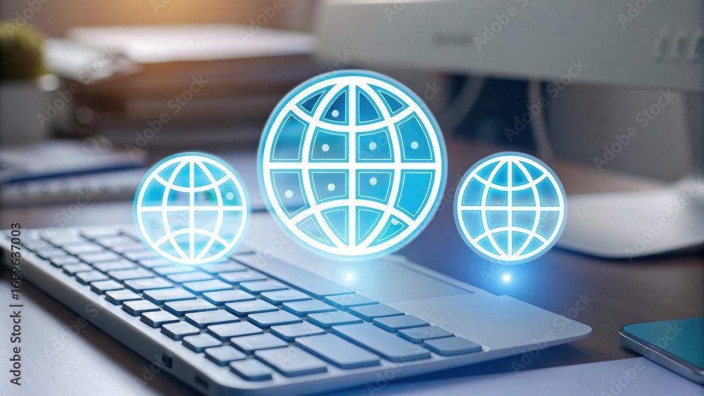 Aufkleber digital transformation strategy digital illustration of globe icons hovering above a keyboard, symbo