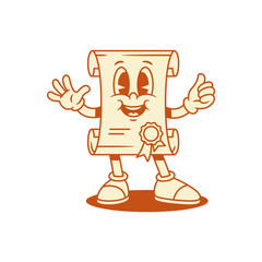 Comic diploma cartoon character welcome greeting contoured vector flat illustration. Cute cheerful minimalist degree education certificate mascot hi hello welcome thumb up recommend gesture