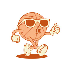 Cool basketball ball cartoon character in sunglasses contoured vector flat illustration. Funny comic sport team game tournament mascot in summer eyeglasses walking whistling with positive emotion