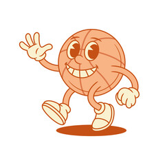 Happy basketball ball cartoon character hi hello contoured vector flat illustration. Smiling comic sport game team tournament mascot welcome greeting hospitality waving hand positive emotion