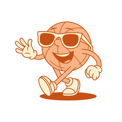 Cool comic basketball ball cartoon character in sunglasses contoured vector flat illustration. Smiling funny sport team game tournament mascot in summer eyeglasses walking having fun positive emotion