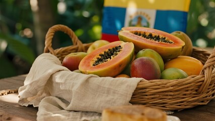 Fresh papayas and mangoes in a wicker basket with an Ecuadorian flag in the background