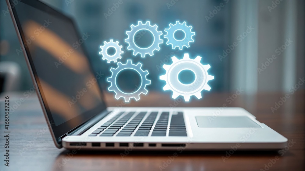 Aufkleber digital transformation strategy laptop with floating gears, symbolizing technology and innovation in