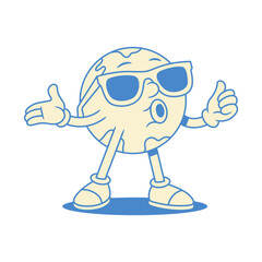Funny comic globe Earth cartoon character in sunglasses contoured vector flat illustration. Cheerful minimalist global planet ecology environment nature education mascot whistling in summer eyeglasses