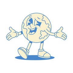 Cheerful comic globe Earth cartoon character welcome contoured vector flat illustration. Smiling funny cute global planet ecology environment education minimalist mascot friendly greeting