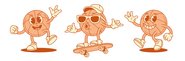 Comic basketball ball cartoon character having fun set contoured vector flat illustration. Cheerful smiling team sport game tournament mascot in sunglasses hipster skateboard rock greeting hi hello © provectors