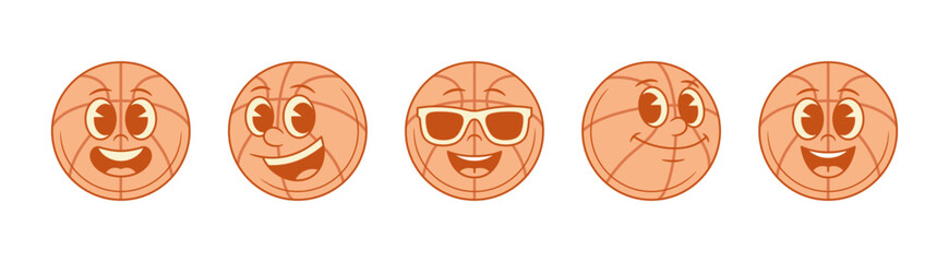 Smiling emoji basketball ball cartoon character set contoured vector flat illustration. Happy cute team sport game club tournament mascot emoticon cheerful comic rejoicing in sunglasses having fun
