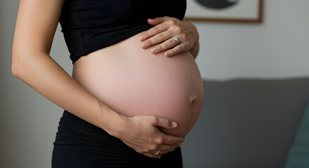 Close up of pregnant woman's belly, expecting mother, healthy pregnancy, new life