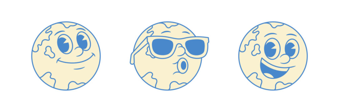 Comic emoticon globe Earth planet cartoon character set contoured vector flat illustration. Smiling funky minimalist global travel ecology environment mascot smiley sunglasses joy rejoicing happy face