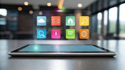 Digital Transformation Strategy A tablet displays holographic app icons in a modern workspace environment.