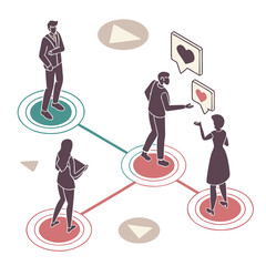 Vector art of isometric people connected by network with love and social media concept