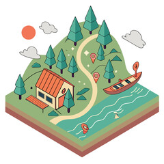 Vector art of isometric illustration of a landscape with a house, river, and forest