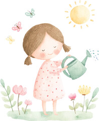 Cute Girl Watering Flowers Watercolor Child Illustration.