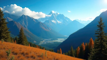 A breathtaking vista of a mountain valley, with a vibrant autumnal hue displayed on the foreground meadow, and majestic peaks piercing the clear sky.