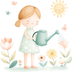 Cute Girl Watering Flowers Watercolor Spring Illustration.