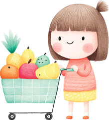 Cute Girl with Shopping Cart Full of Fruit Watercolor Illustration 1.