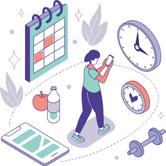Vector art of isometric illustration of a woman planning her fitness and health routine