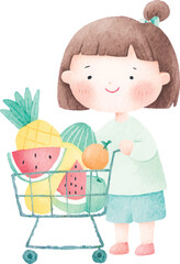 Cute Girl with Shopping Cart Full of Summer Fruits Watercolor Illustration.