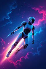 Futuristic robot soaring through a vibrant galaxy with clouds and stars, embracing the future and innovation