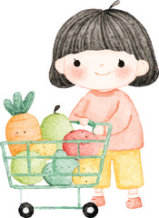 Cute Girl with Shopping Cart Full of Fruits and Vegetables Watercolor Illustration.
