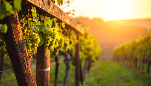 Ripening green grapes in sunlit vineyard ready for harvest and winemaking
