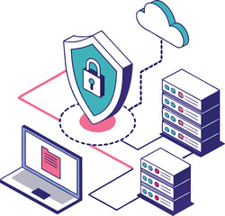 Vector art of isometric illustration of secure cloud network and data protection
