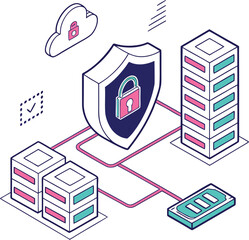 Vector art of isometric illustration of data security with cloud and server protection