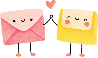 Cute Love Envelopes Holding Hands Watercolor Illustration.