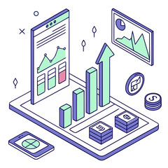 Vector art of isometric illustration of business data analysis on a computer screen