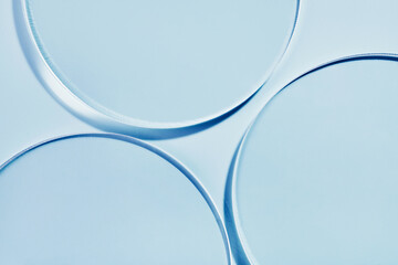 Empty petri dishes close-up on blue background