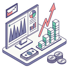 Vector art of isometric illustration of online business growth with charts, arrows, and money