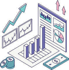 Vector art of isometric illustration of business finance with charts, arrows, and money