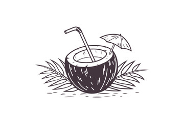 Coconut drink icon outline of coconut with straw umbrella