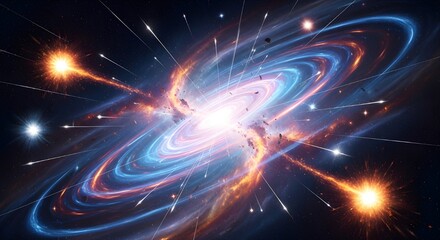 Naklejka premium Witness the breathtaking cosmic ballet of a swirling galaxy, vibrant nebulae, and streaking meteors in this stunning space vista.