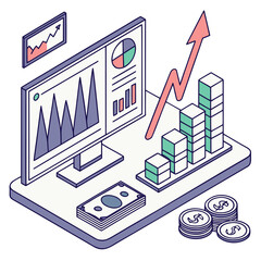 Vector art of isometric illustration of online business growth with charts, arrows, and money