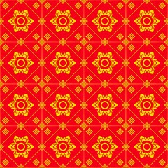 Golden Thai Pattern: The timeless beauty of a repeating golden pattern, intricately woven on a rich red surface. This design, reminiscent of traditional Thai artistry.